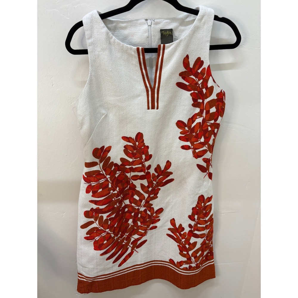Taylor White Orange Leaf Print Sleeveless Shift Dress Size 10 Cotton Blend
